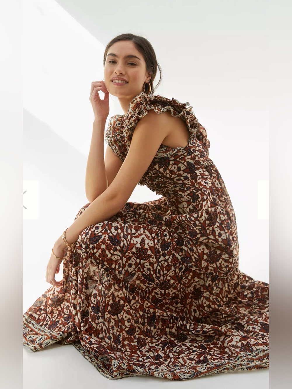 Anthropologie Love the Label Ruffled Smocked tiered Mirabelle Maxi Dress XS boho